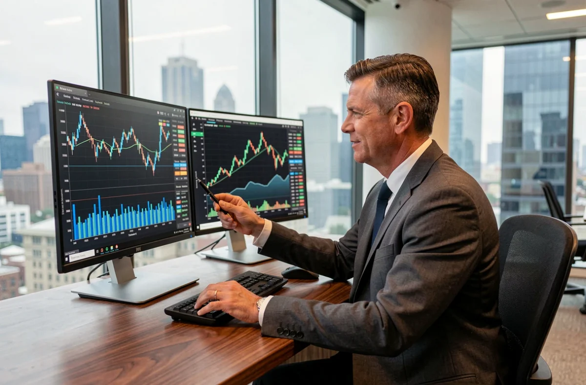 Analyste financier en costume gris examinant des graphiques économiques sur un double écran dans un bureau moderne avec vue sur la ville