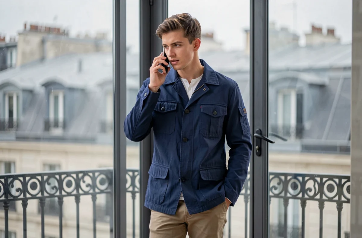 Jeune homme en veste utilitaire indigo passant un appel téléphonique pour contacter une marque de mode tendance avec vue sur les toits parisiens