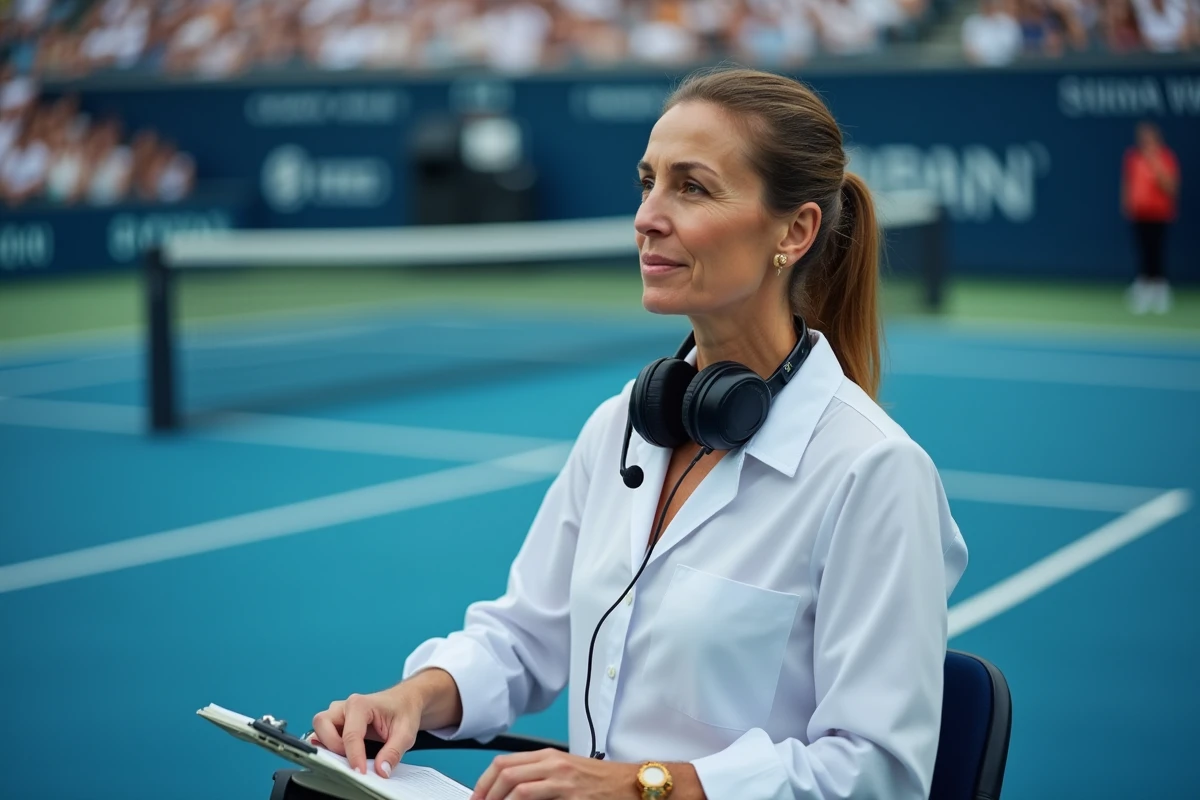 Arbitre de chaise officielle supervisant un match de tennis TMC dans un stade professionnel