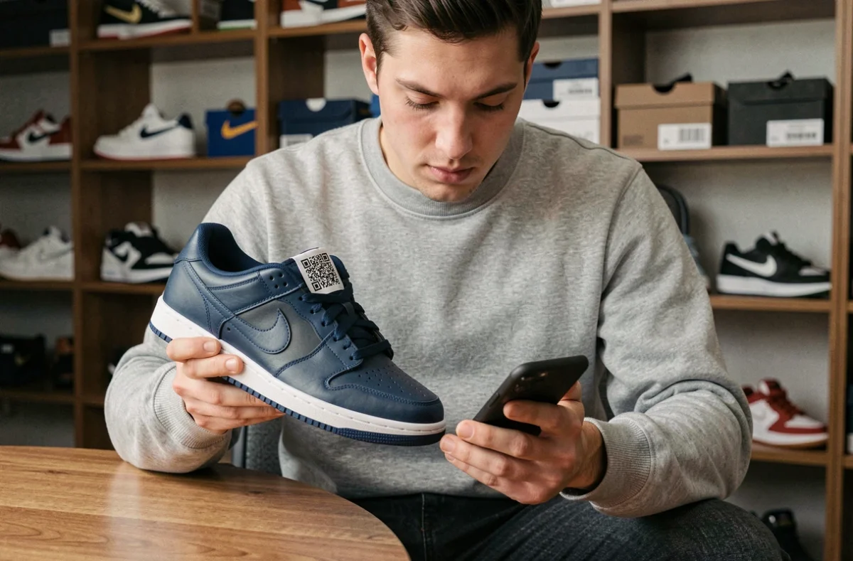 Jeune homme vérifiant l'authenticité de ses sneakers Nike en scannant le QR code avec son smartphone