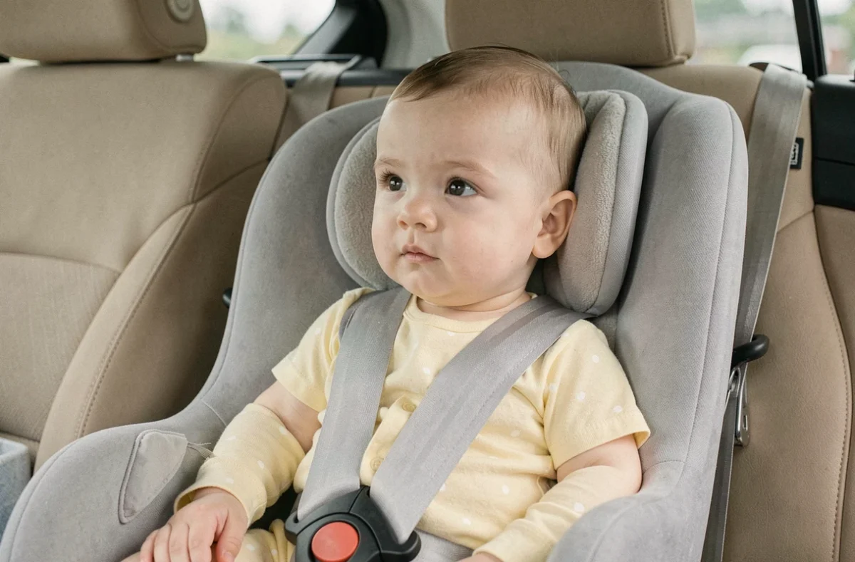 Bébé de six mois installé dans un cosy sans réducteur avec harnais bien ajusté en voiture