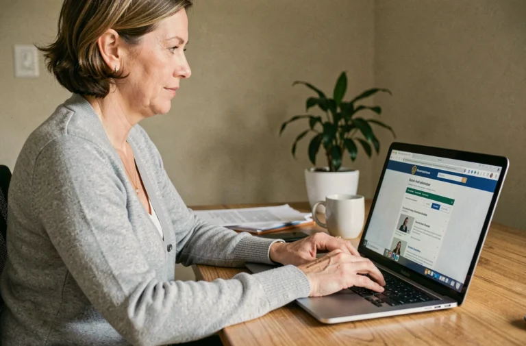 Femme effectuant un changement d'adresse sur le site impots.gouv.fr depuis son bureau à domicile