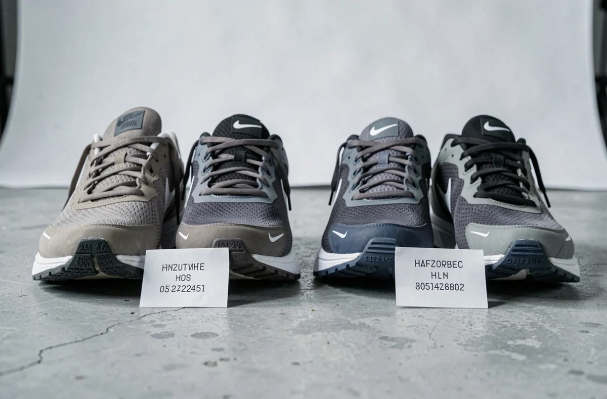 Comparaison côte à côte d'une paire de Nike authentique et d'une contrefaçon avec focus sur les différences de numéro de série et de qualité de fabrication