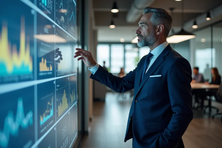Consultant en services B2B analysant des indicateurs de performance sur un écran numérique dans un bureau moderne