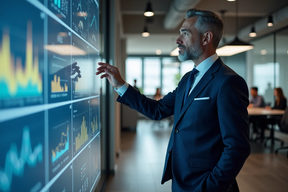 Consultant en services B2B analysant des indicateurs de performance sur un écran numérique dans un bureau moderne