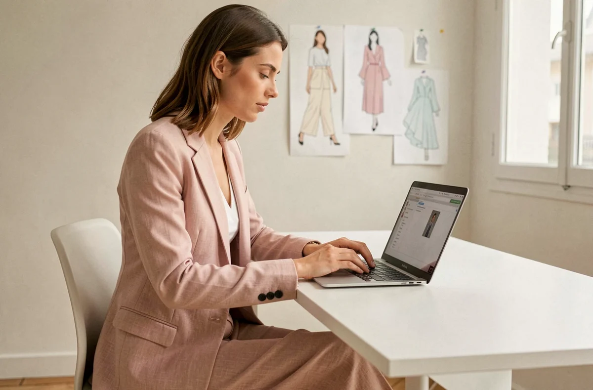 Femme élégante en blazer pastel contactant une marque de mode française depuis son bureau dans un studio parisien moderne