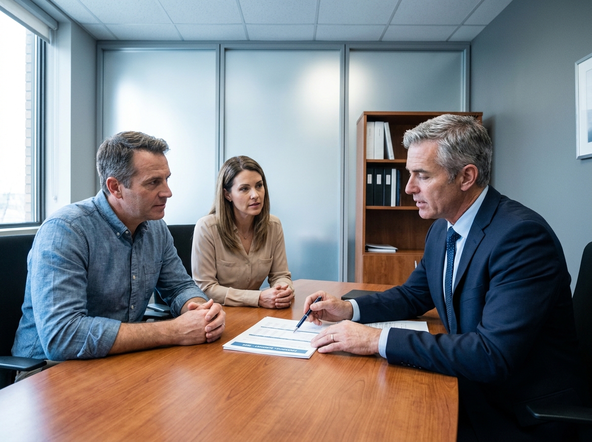 Couple en rendez-vous avec un conseiller bancaire pour discuter du regroupement de leurs prêts