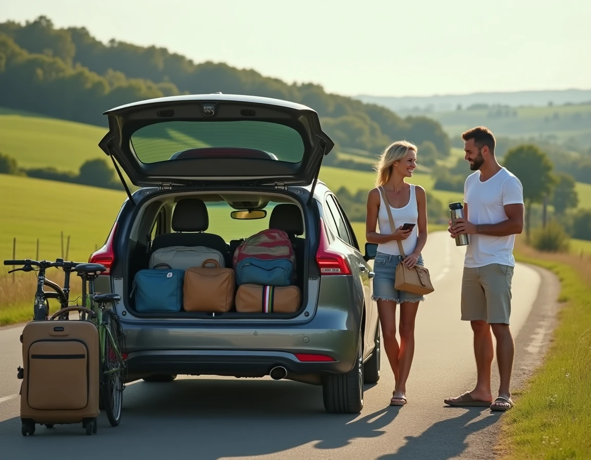 Couple en road trip en France planifiant leur itinéraire sur autoroutes gratuites avec voiture chargée de bagages