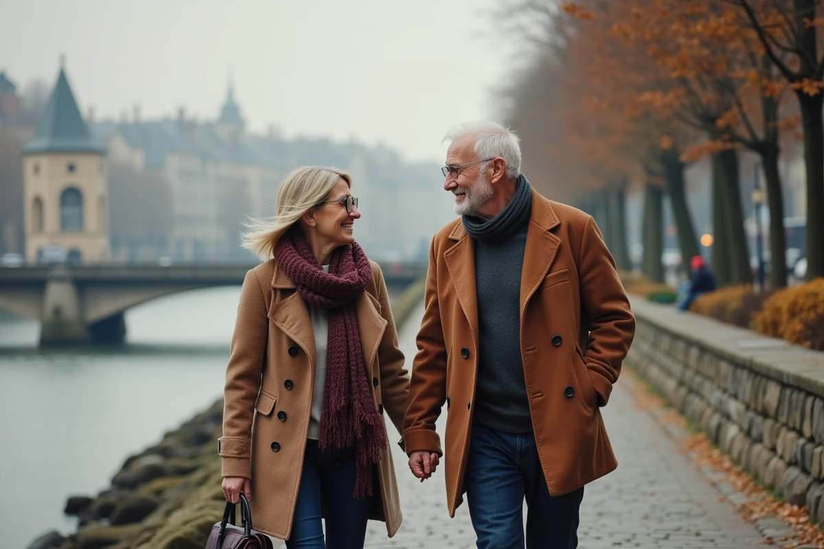 Couple de seniors se promenant main dans la main sur les quais, illustrant une belle histoire d'amour tardive