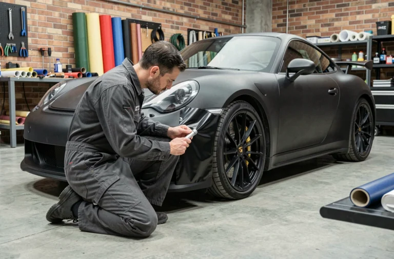 Mécanicien appliquant un covering vinyle noir mat sur une voiture de sport dans un garage urbain moderne