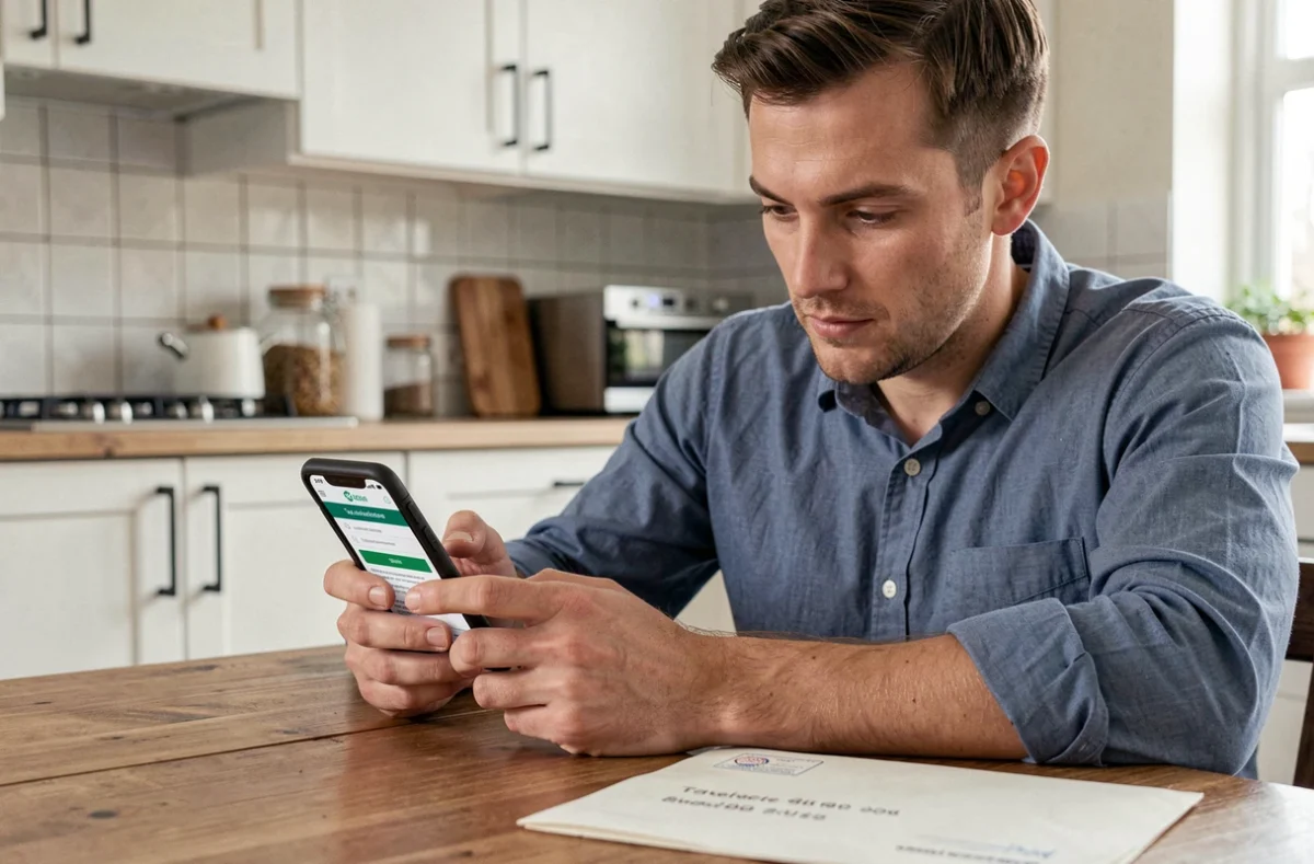 Homme consultant le site impots.gouv depuis son téléphone pour mettre à jour son adresse fiscale