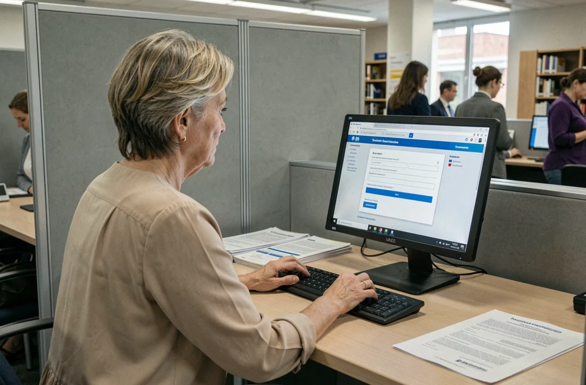 Femme réalisant les démarches de changement d'adresse sur impots.gouv dans un espace de service public