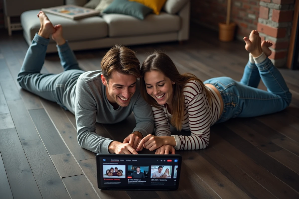 Deux jeunes adultes regardant ensemble une plateforme de streaming française sur un ordinateur portable dans un appartement minimaliste