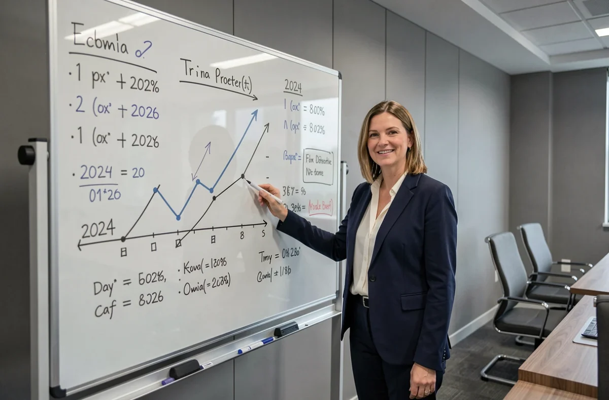 Économiste féminine présentant des prévisions économiques 2024 sur un tableau de verre dans une salle de conférence d'entreprise