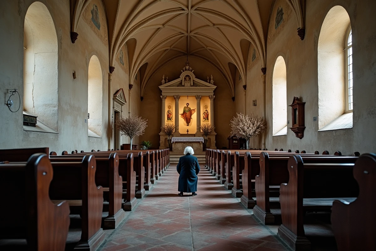 Intérieur d'une église en pierre de Pietra d'Alba avec nef voûtée et autel baroque