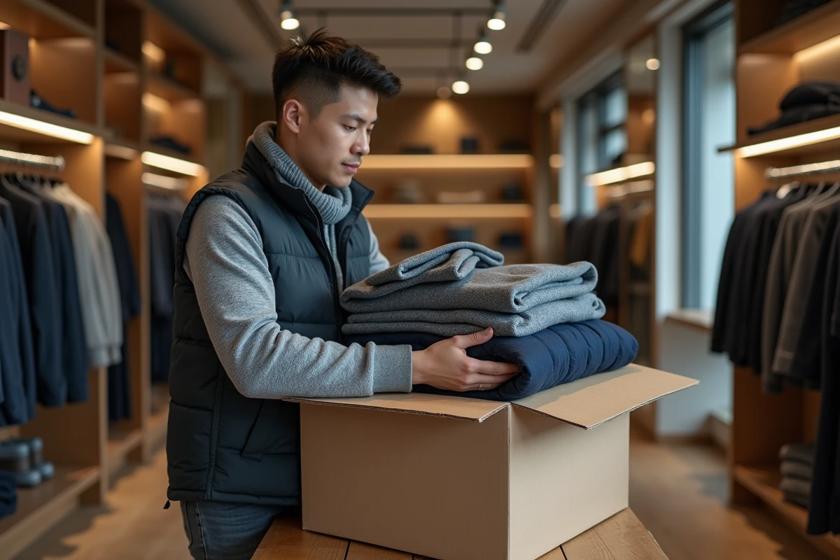 Jeune employé rangeant des vestes dans une boutique vide