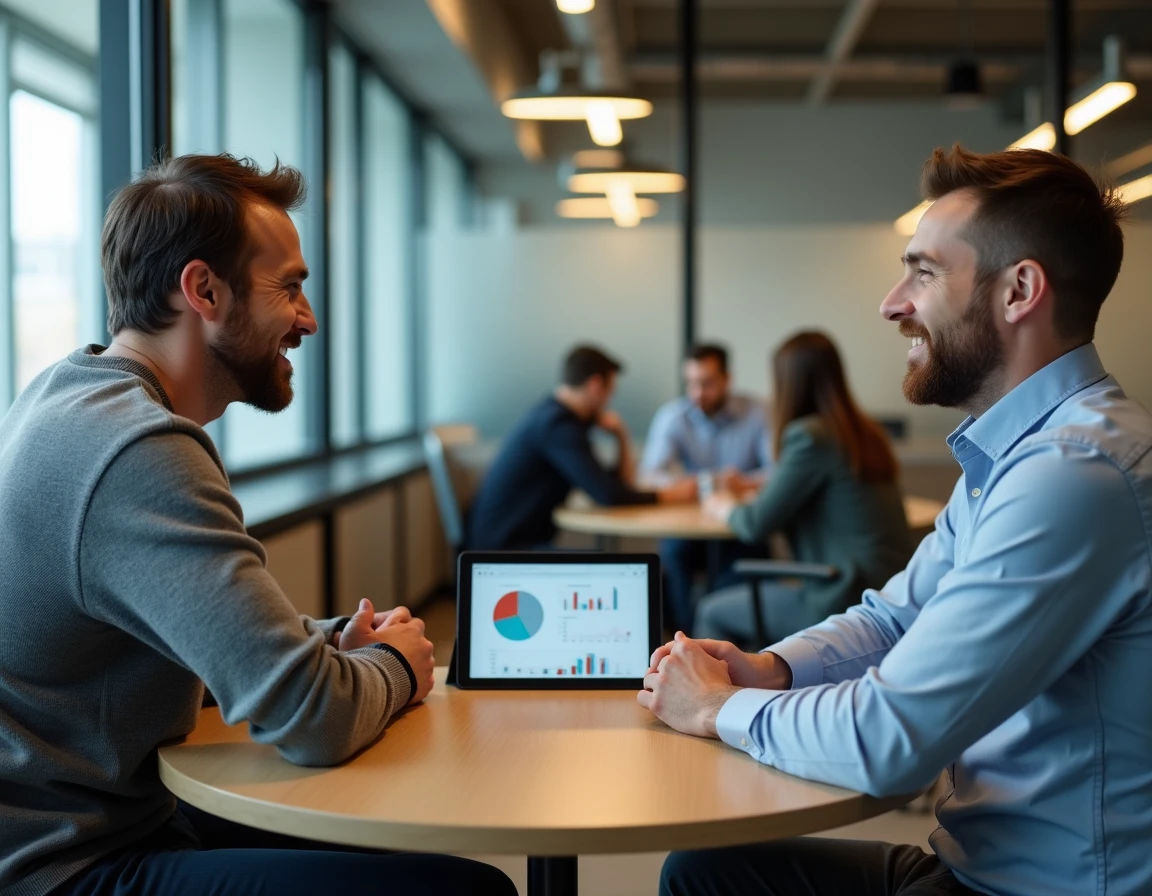 Deux entrepreneurs discutant de stratégies de développement d'une petite entreprise dans un espace de co-working