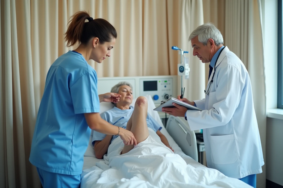 Équipe médicale évaluant les marbrures cutanées des jambes d'une patiente âgée hospitalisée
