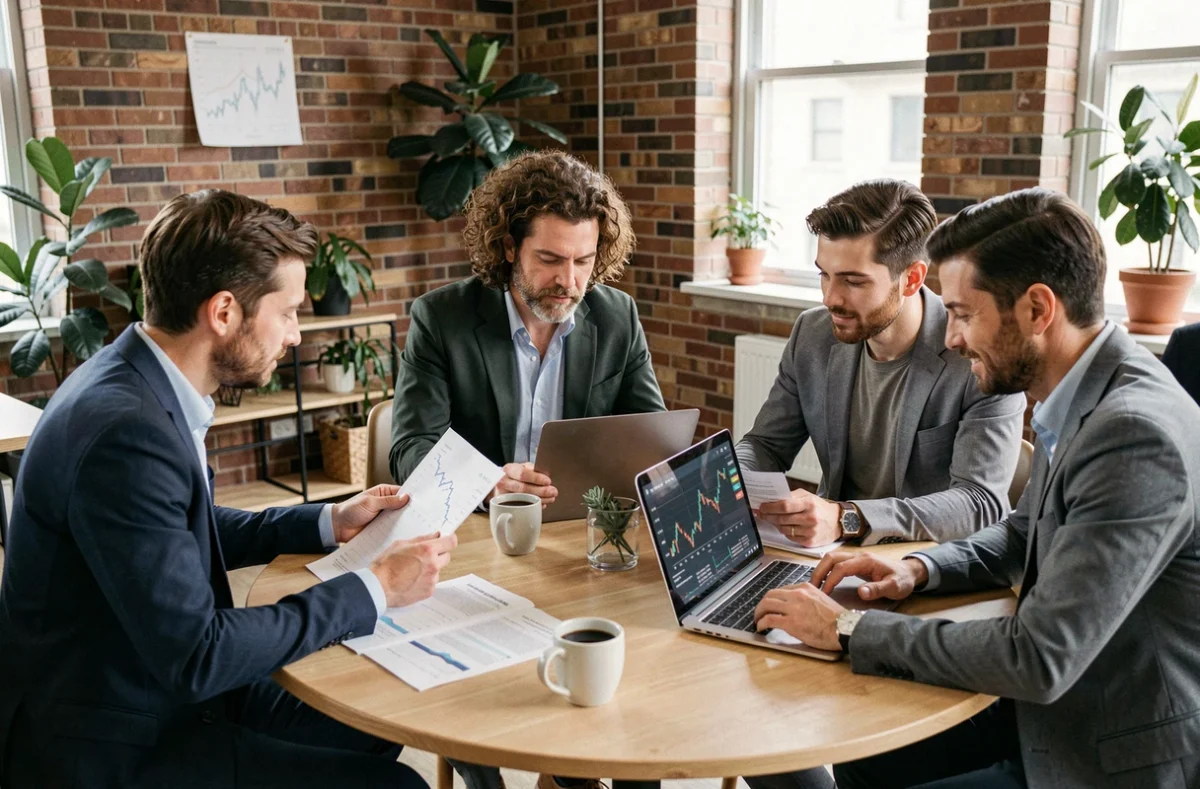 Groupe de professionnels de la finance analysant des rapports économiques et des tableaux de bord numériques dans un espace de coworking moderne
