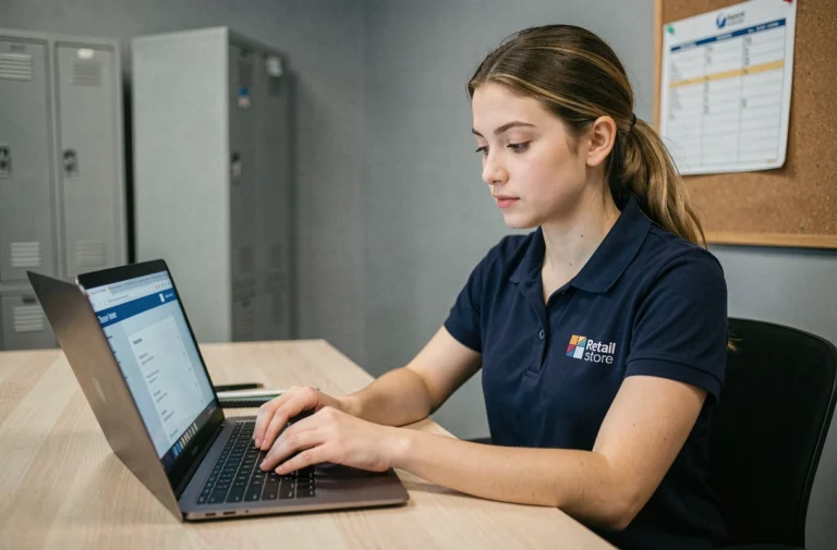 Étudiante employée chez Auchan connectée au portail RH HR4You sur un ordinateur portable en salle de pause