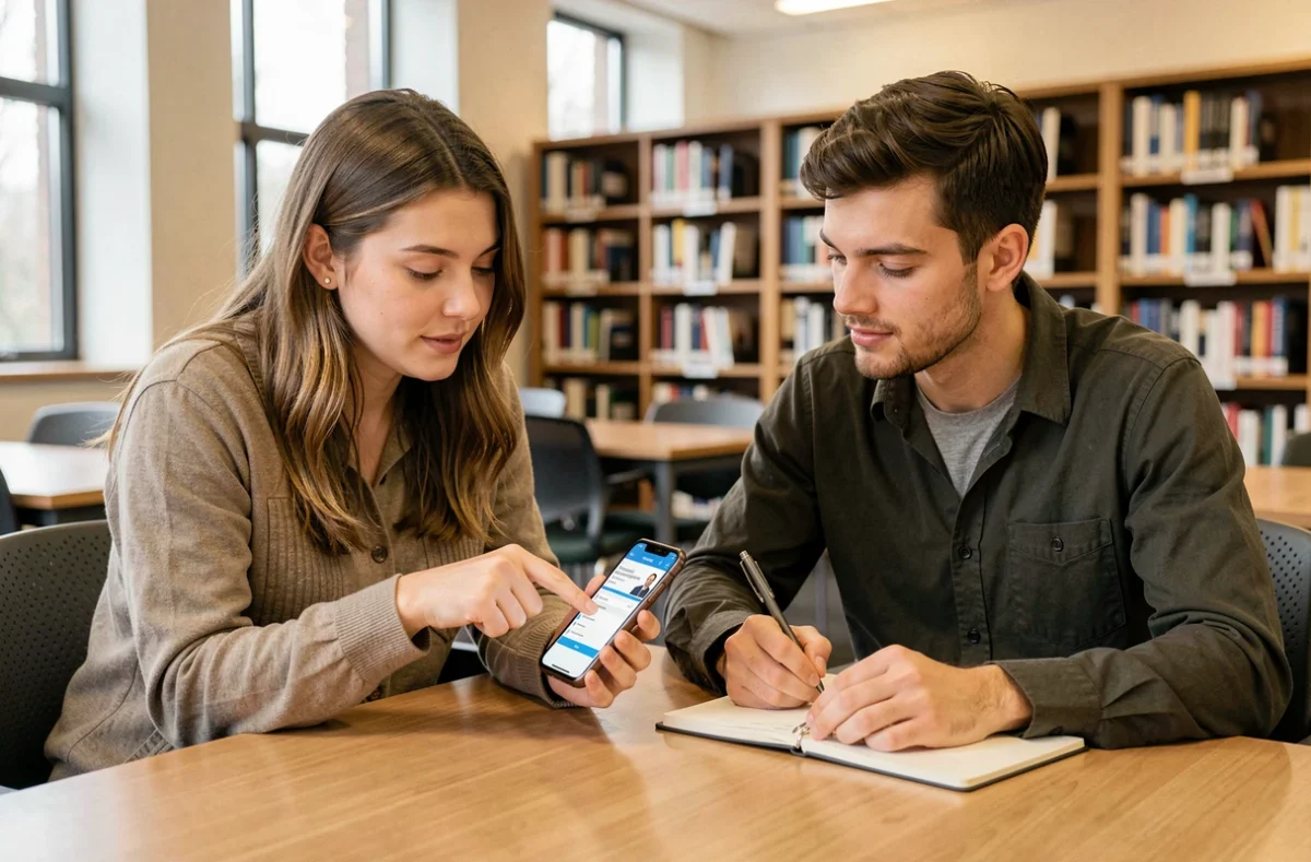 Deux étudiants consultant ensemble la plateforme HR4You sur smartphone pour comprendre leur contrat Auchan