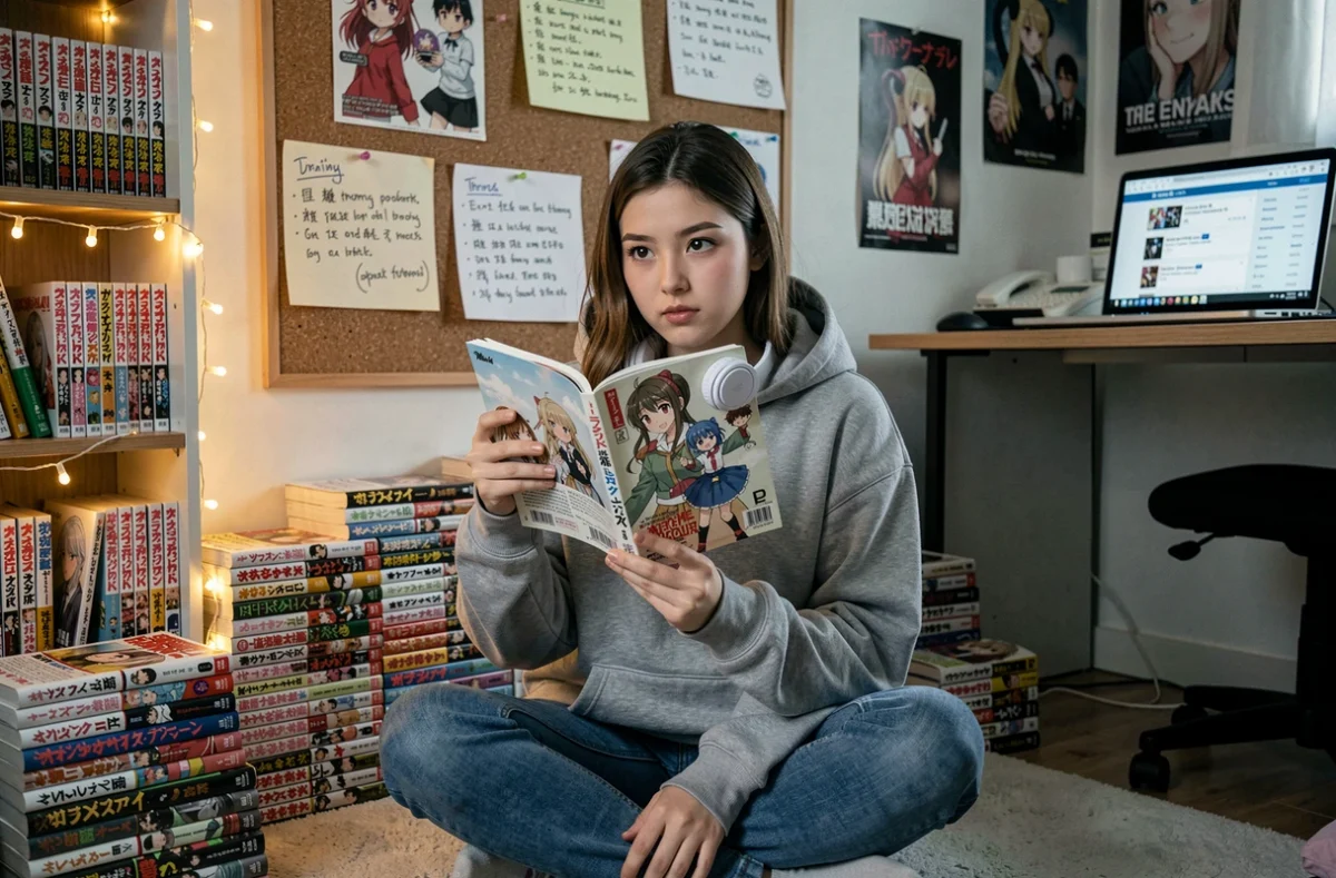 Jeune femme passionnée analysant le chapitre One Piece 1141 entourée de volumes manga et de théories de fans dans sa chambre