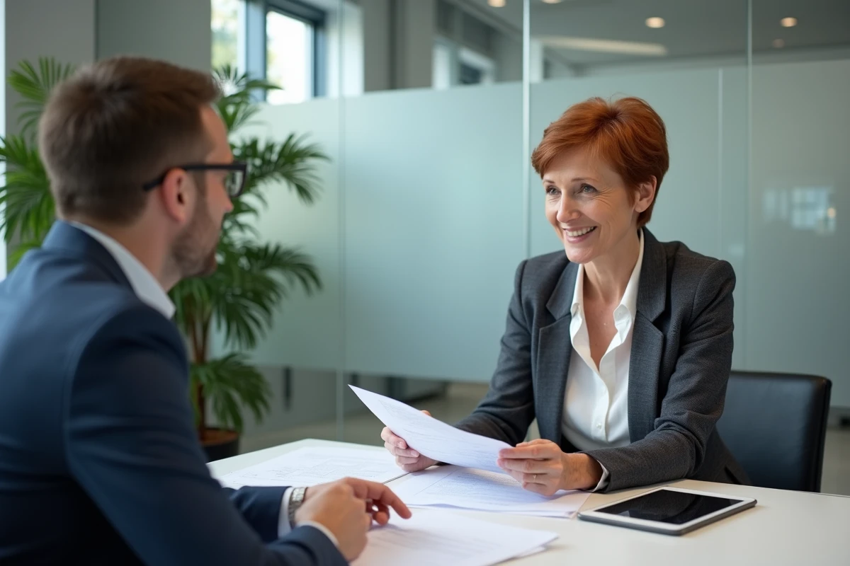 Femme de 55 ans consultant un conseiller financier pour le retrait de ses droits CPF