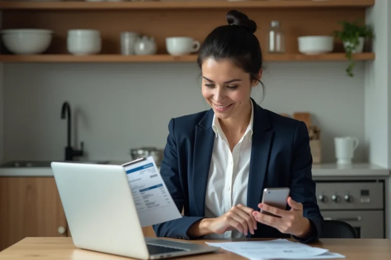 Femme au bureau scannant une facture digitale