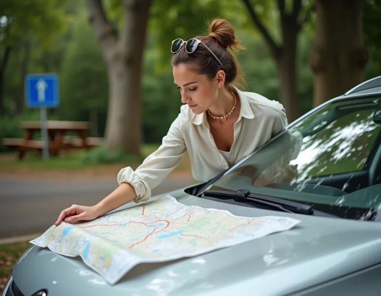 Femme consultant une carte routière dépliée sur le capot d'une voiture lors d'un road trip en France sur les autoroutes gratuites