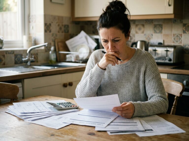 Femme consultant des documents de prêts et relevés bancaires à une table de cuisine pour regrouper ses crédits