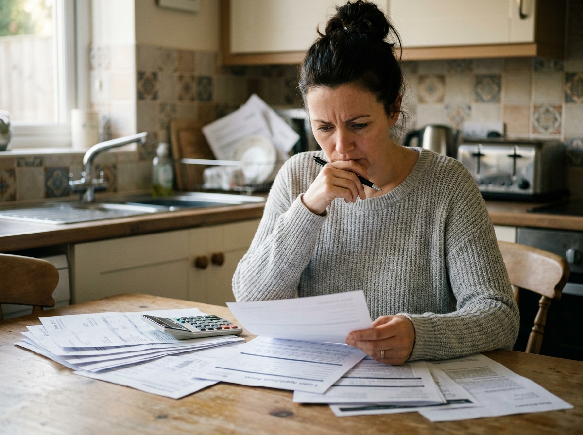 Femme consultant des documents de prêts et relevés bancaires à une table de cuisine pour regrouper ses crédits