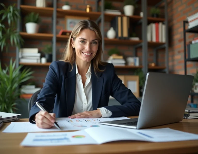 Femme entrepreneuse analysant des documents de croissance d'entreprise dans un bureau moderne avec briques apparentes