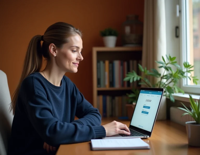 Femme utilisant un gestionnaire de mots de passe sur un ordinateur portable dans un bureau à domicile pour sécuriser ses données personnelles