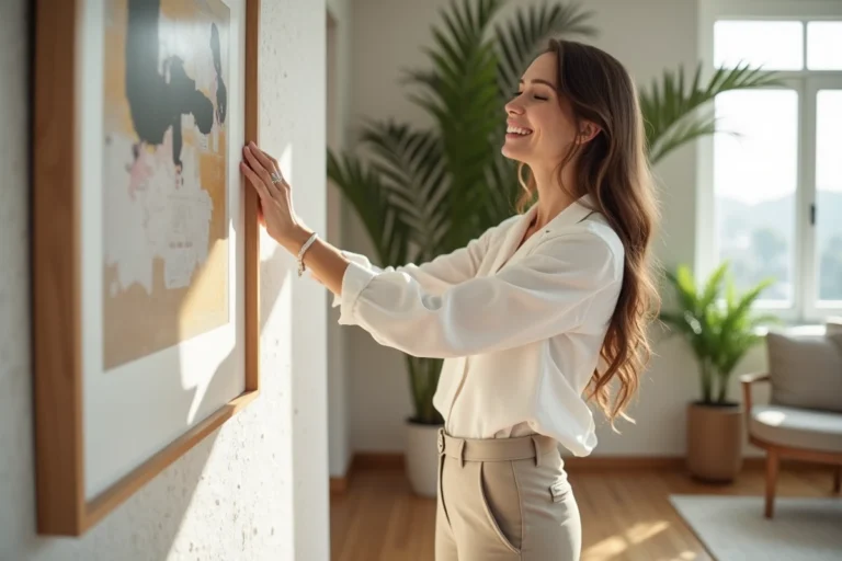 Femme souriante arrangeant une œuvre d'art moderne dans un salon lumineux