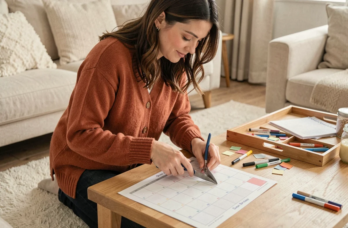Femme personnalisant un planning mensuel imprimé avec des stickers et des marqueurs sur une table basse dans un salon cosy