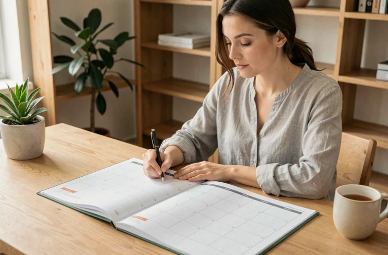 Femme écrivant sur un planning mensuel imprimé posé sur un bureau en bois dans un home office organisé