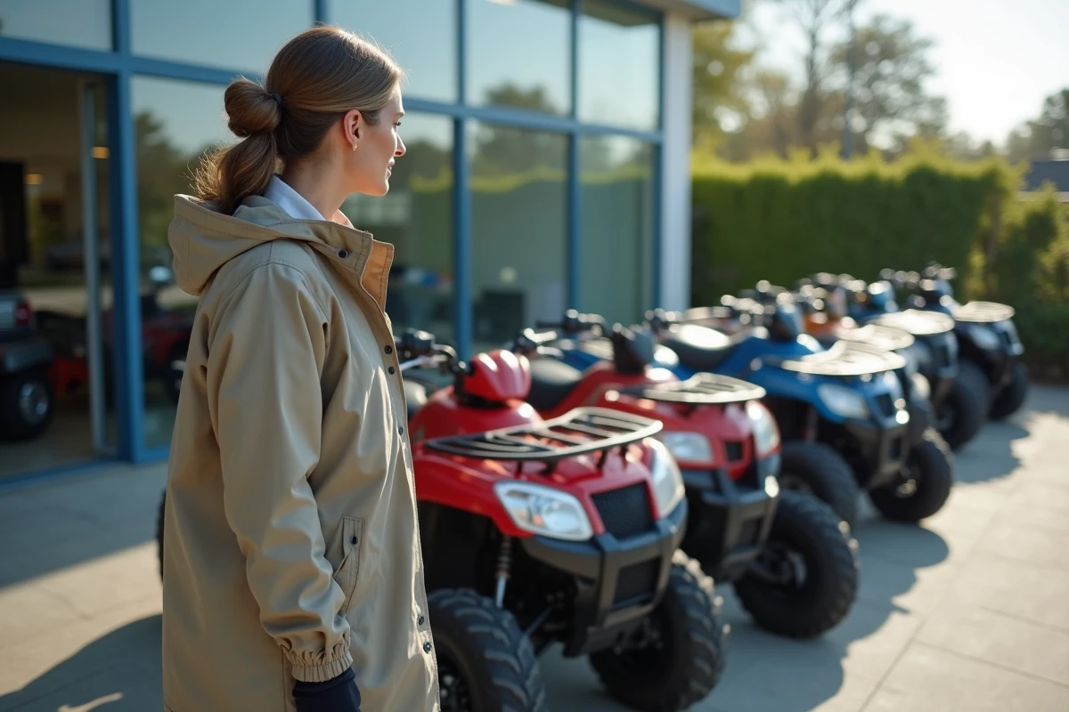 Femme inspectant quads 50cc chez le concessionnaire