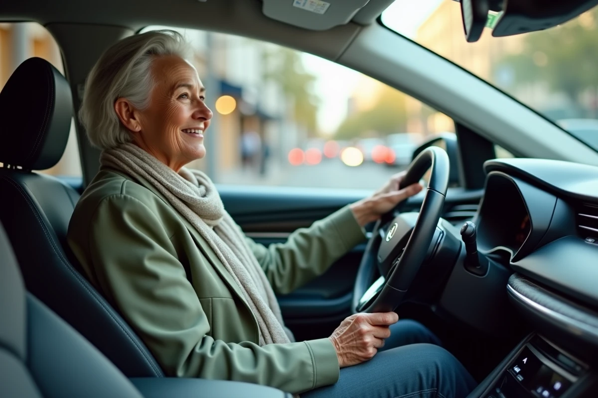 Femme âgée dans une voiture hybride en intérieur