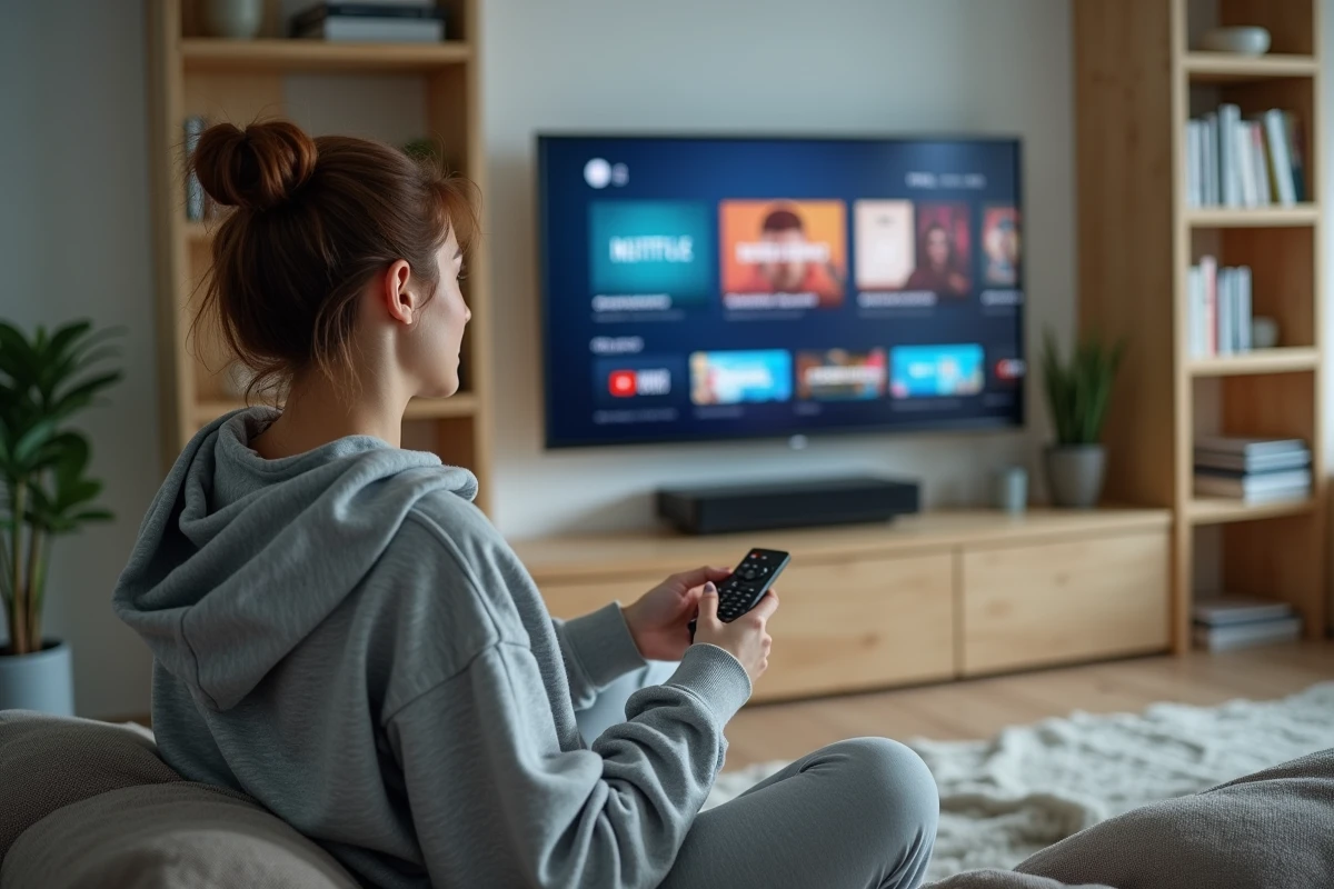 Jeune femme naviguant sur une plateforme de streaming depuis son canapé avec une télécommande