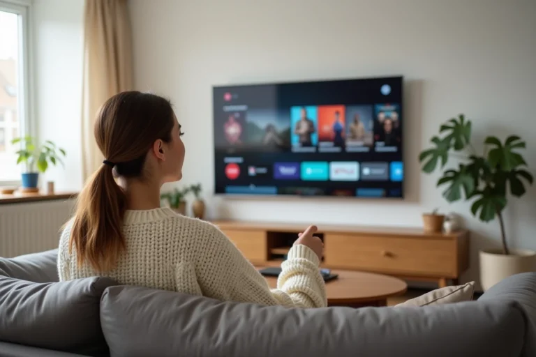 Femme utilisant une plateforme de streaming sur sa télévision dans un salon moderne au style scandinave