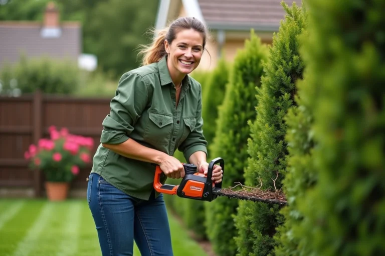 Femme en work shirt taillant une haie dans le jardin