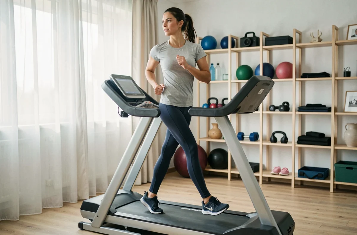 Femme en tenue de sport courant sur un tapis de course dans une salle de sport à domicile