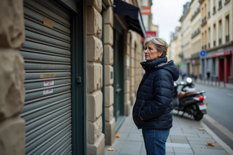 Femme en manteau navy devant boutique fermée à Paris