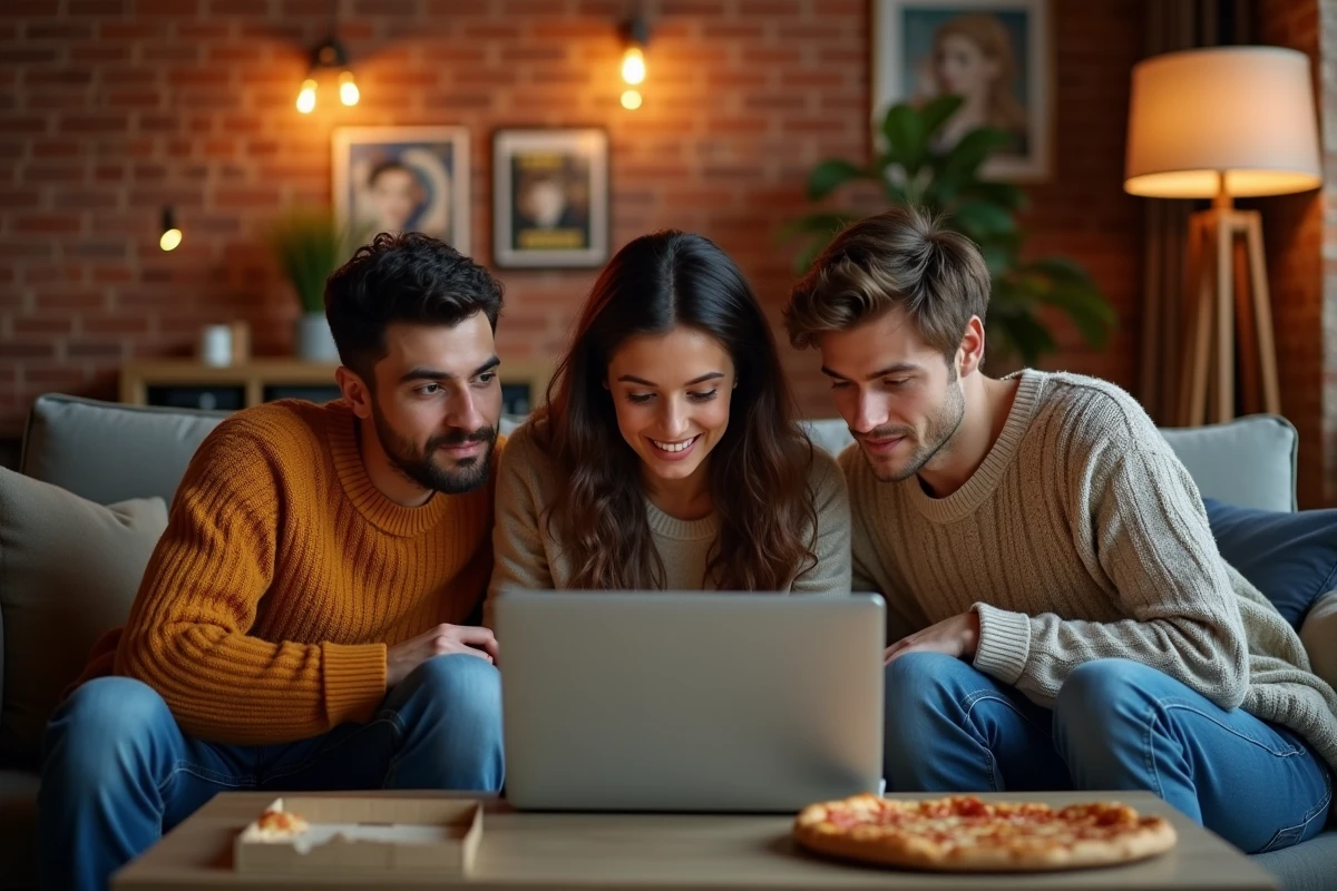 Groupe d'amis cherchant une alternative de streaming sur un ordinateur portable lors d'une soirée film