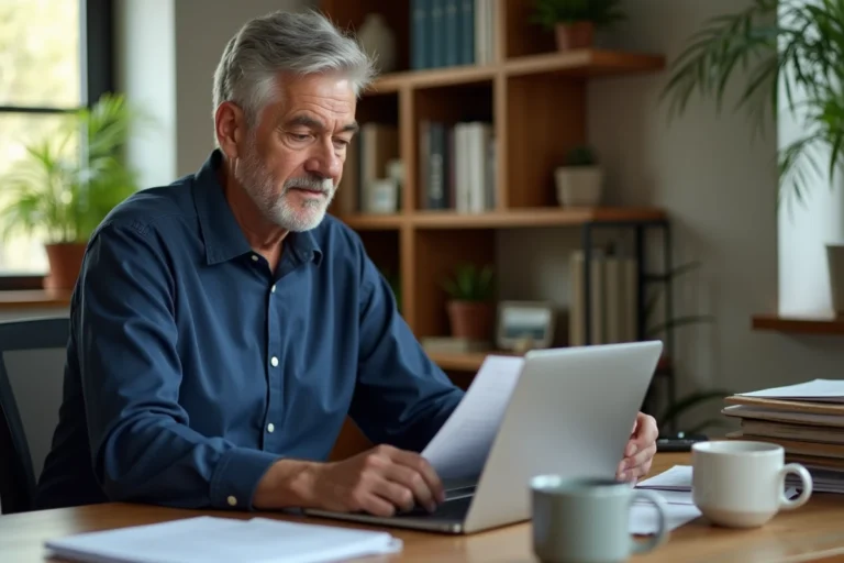 Homme de 55 ans consultant ses droits CPF sur un ordinateur portable dans un bureau à domicile