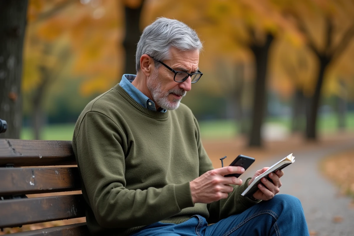 Homme de 55 ans lisant les conditions de retrait CPF sur son smartphone dans un parc en automne