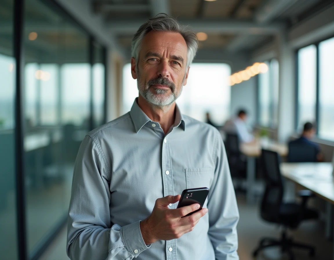 Homme vérifiant une authentification à deux facteurs sur smartphone dans un bureau moderne pour protéger ses comptes en ligne