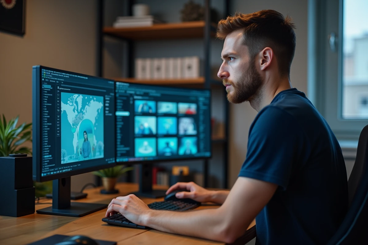 Homme comparant des alternatives de streaming sur un double écran d'ordinateur dans un bureau à domicile