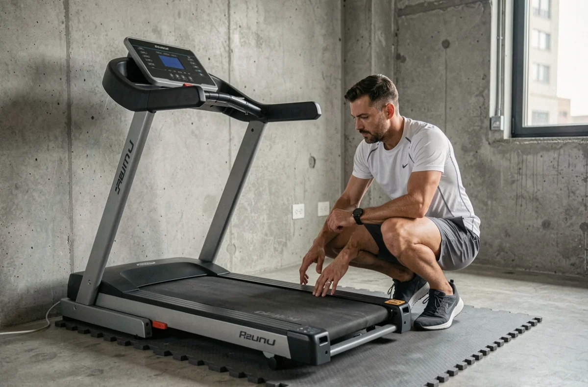 Homme inspectant les caractéristiques techniques d'un tapis de course avant achat
