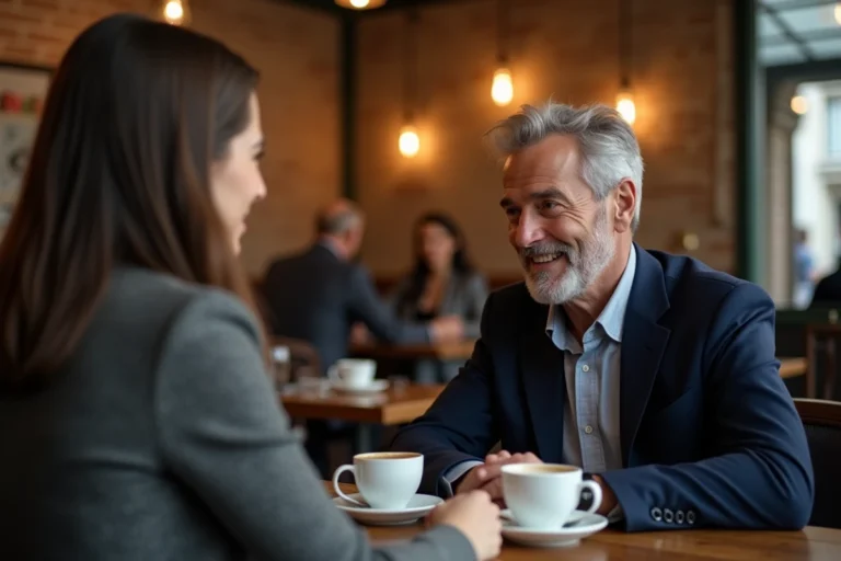 Homme mature en blazer marine souriant avec attention à une jeune femme dans un café parisien, signe d'attirance et d'intérêt romantique